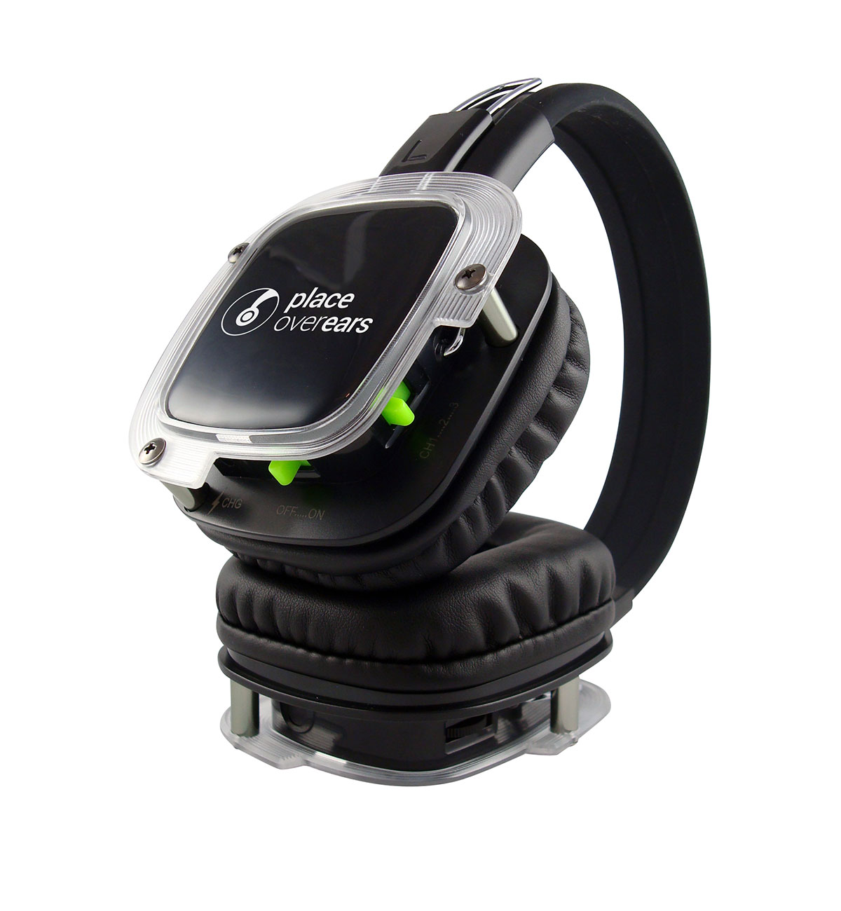 An image of Place Over Ears' Ph020 Silent disco headphones with LED light-up effect and 3 channel audio capability